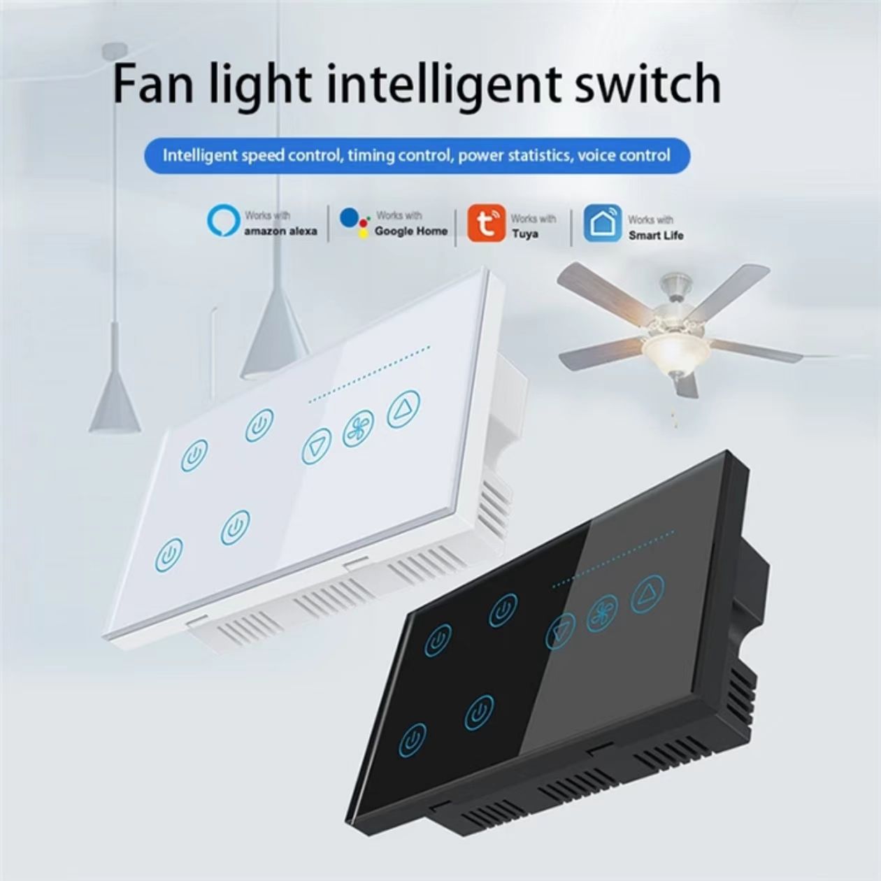 147*86MMTouch Glass Panel Smart Wifi 4 Gang Wall Switch And Fan Speed Control Switch Compatible Alexa And Google Home