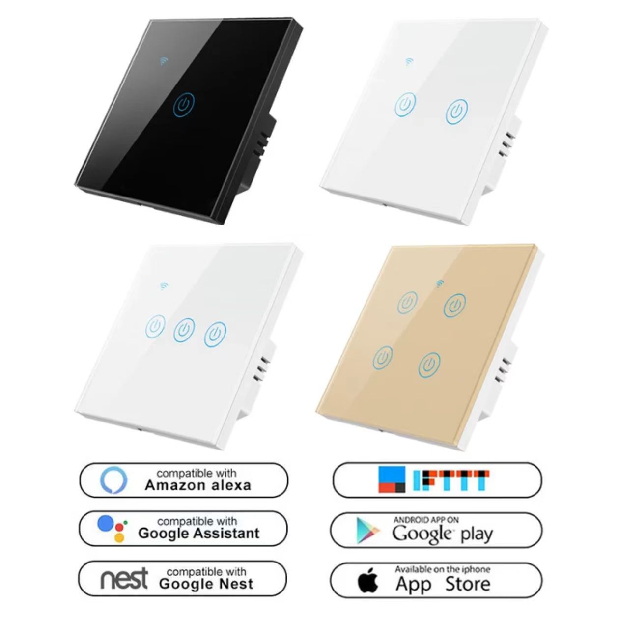 Without No Neutral /With Neutral line Wire Glass Wall UK EU 1/2/3/4 Gang For Alexa Google Home Tuya Wifi Smart Touch Switch