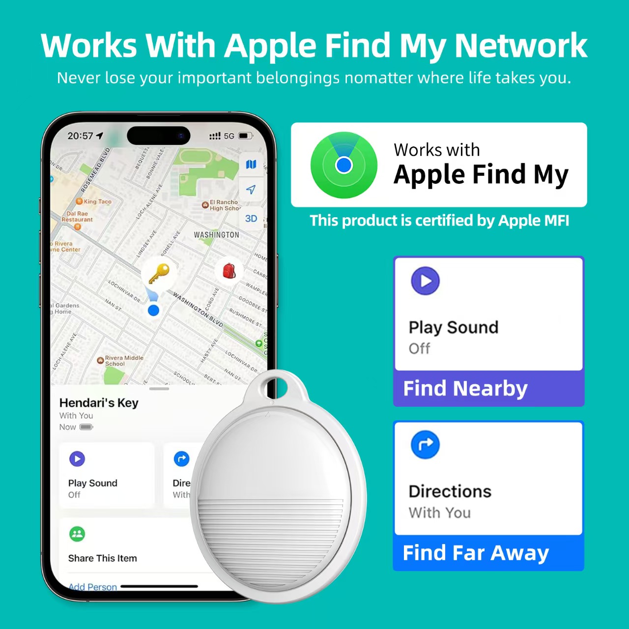 Smart Anti-Loss Key Finder with Unlimited Range, GPS Real-Time Tracking, AirTag & MFi Certified, Compatible with iPhone & iOS, Perfect for Devices, Luggage, Pets & More