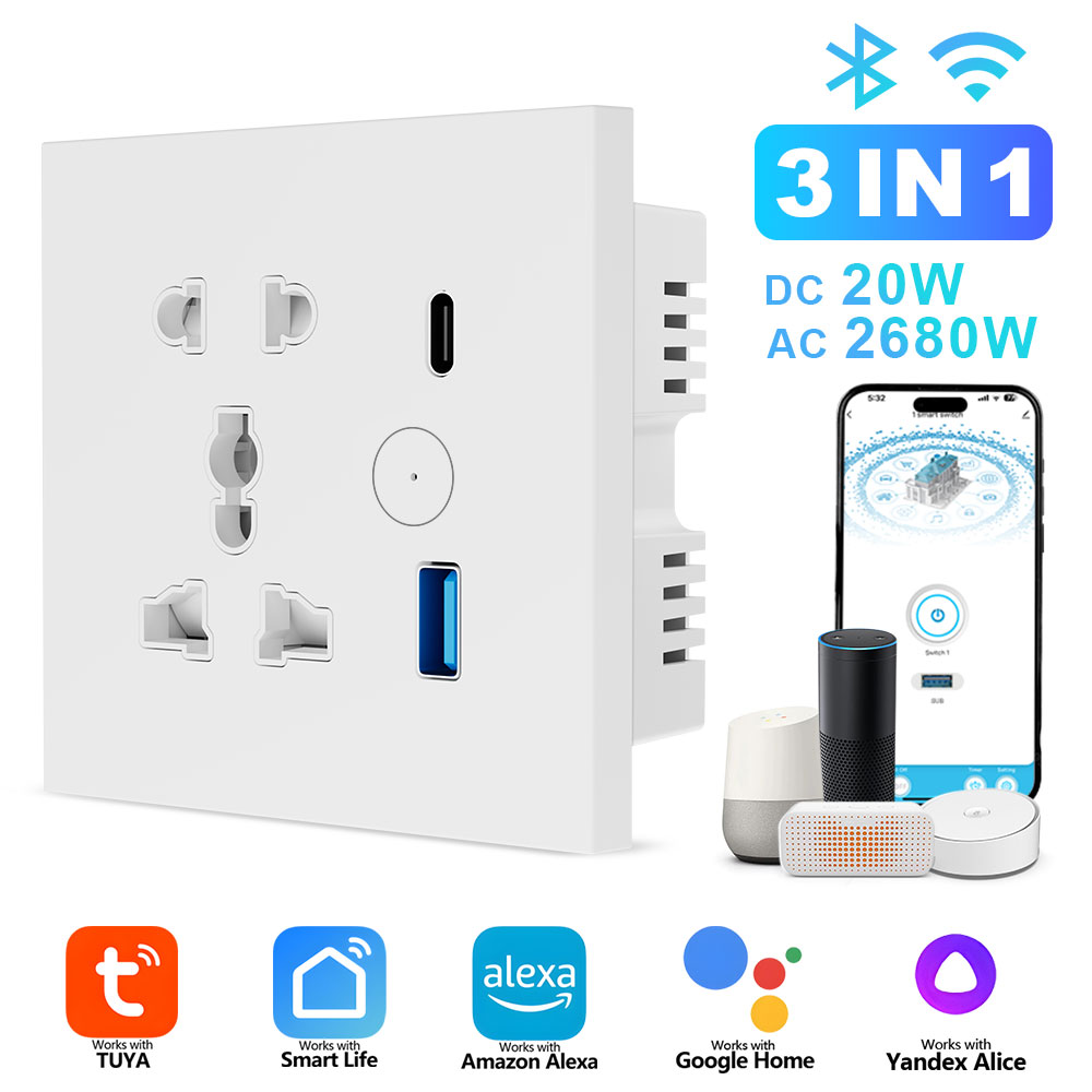 Tuya/ Zigbee PC WIFI 16A Universal Wall Socket With USB Type C Electrical Plug Outlet Power Touch Switch for Alexa Google Home Tuya